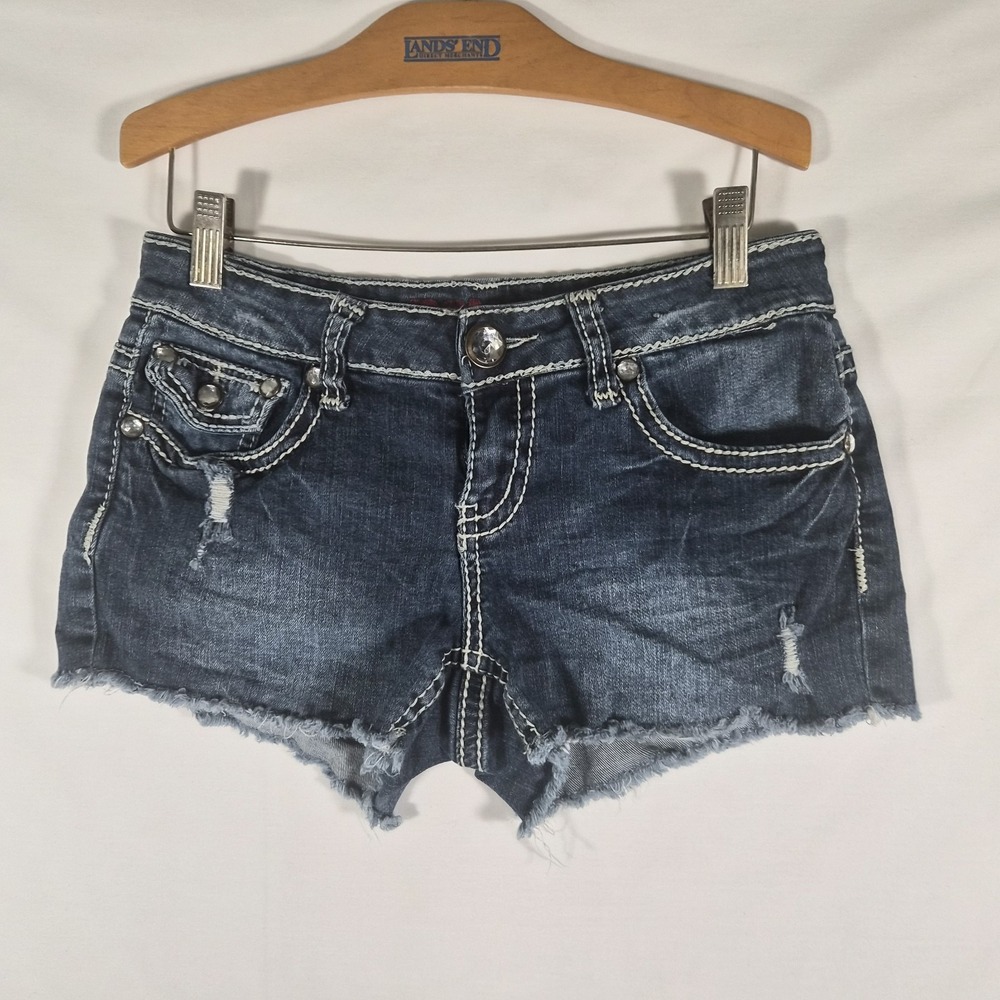 Y2K Bongo Size 7 Low Rise Rhinestone Distressed Denim Cutoff Shorts